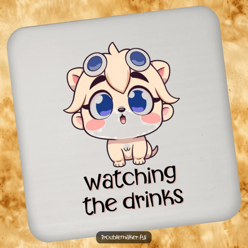 Funny drink coaster with a troublemaker character looking up with wide, curious eyes, adding humor to tabletops.