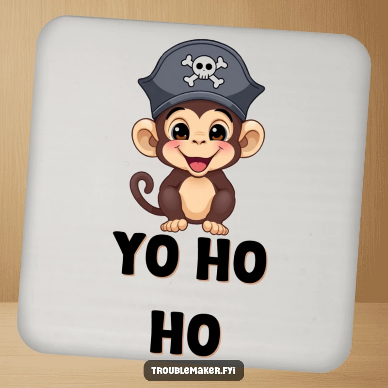 Funny monkey pirate with a tiny hat, looking mischievous, on a set of protective drink coasters.