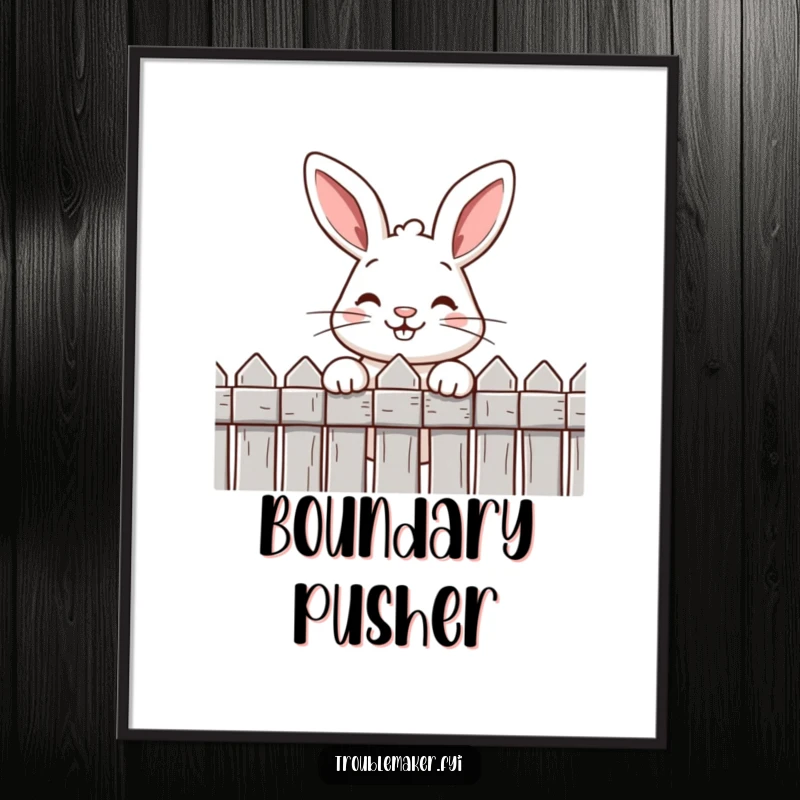 Funny poster depicting a curious rabbit with a wide, cheeky grin peeking over a fence, adding playful charm to any wall.