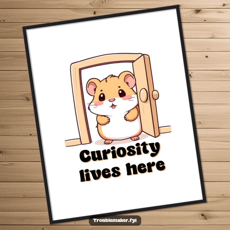 Funny poster featuring a curious hamster character peeking with wide eyes from a small, open door, inviting wonder.