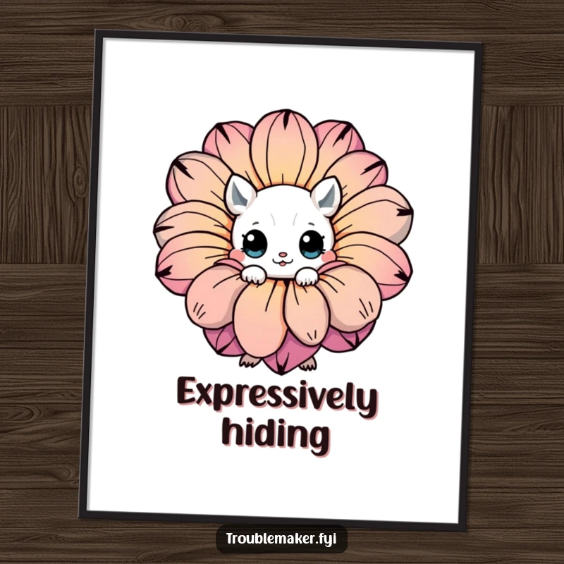 Funny poster art of a creature with expressive eyes hiding behind a large, vibrant, colorful flower, adding charm.