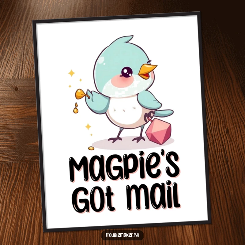 Funny Poster art of a swift bird, beak full of a glittering trinket, in a dynamic pose suggesting a successful, albeit funny, act of theft.