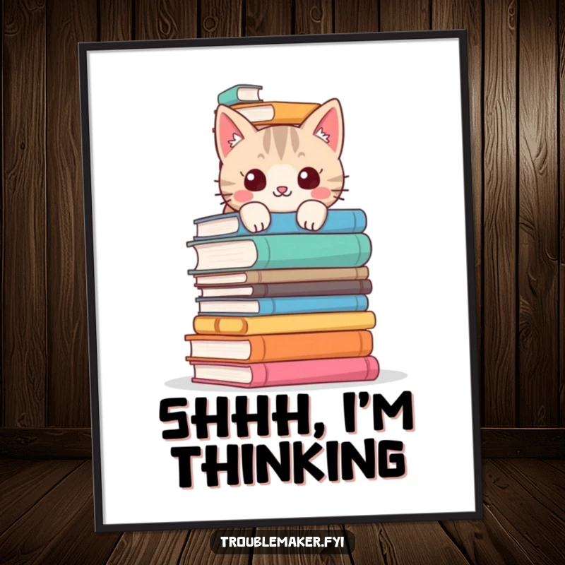 Funny cat poster showing a mischievous cat peeking from behind a stack of books, adding humorous literary charm to any room.