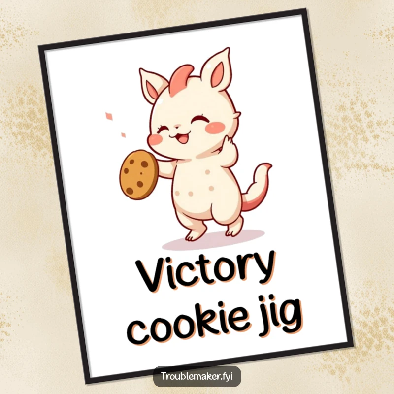 Funny poster art of a creature performing a wild dance with a stolen cookie, a humorous and vibrant illustration of sweet-toothed glee.