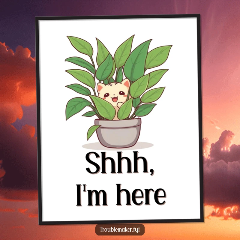 Funny poster art of a creature playfully concealed behind a large houseplant, a humorous and charming illustration of hidden joy.