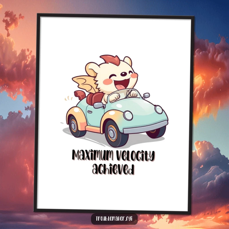 Funny poster art of a creature zooming wildly on a toy car, capturing a hilarious moment of extreme speed and gleeful abandon.