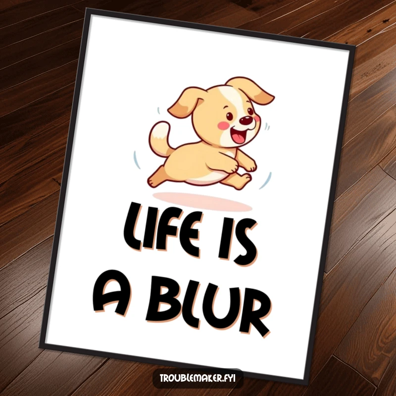 Funny dog poster illustrating a playful dog spinning in circles while chasing its tail, bringing joy and humor to decor.