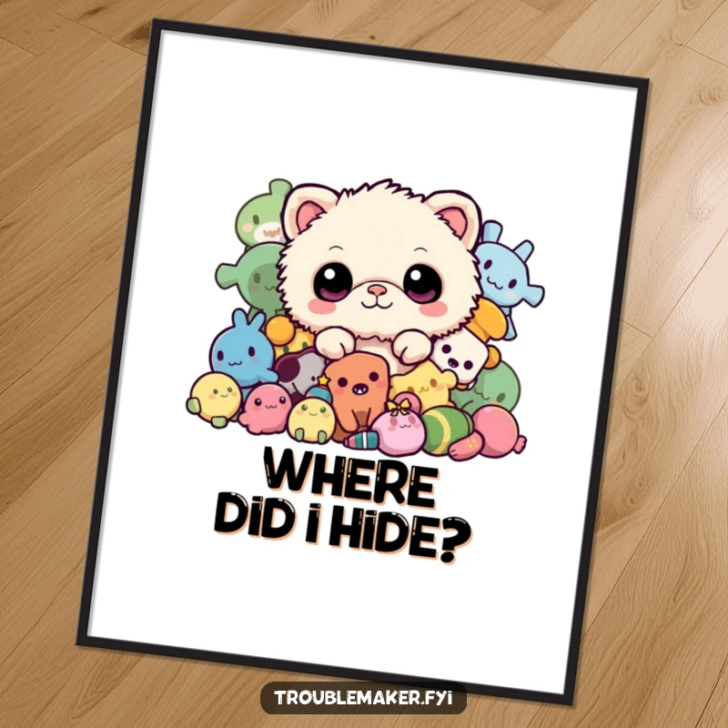 Funny poster featuring a fuzzy creature peeking from a pile of toys, creating a heartwarming and humorous display for any room.