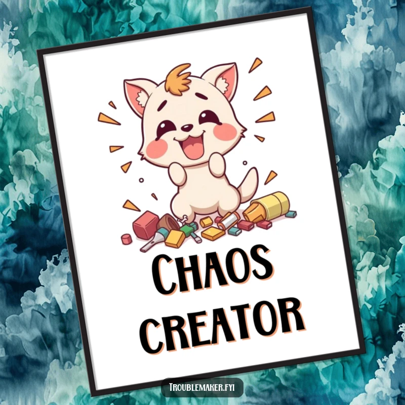 Funny poster of a happy animal character enthusiastically creating small, chaotic messes, embodying playful fun and humorous disarray.