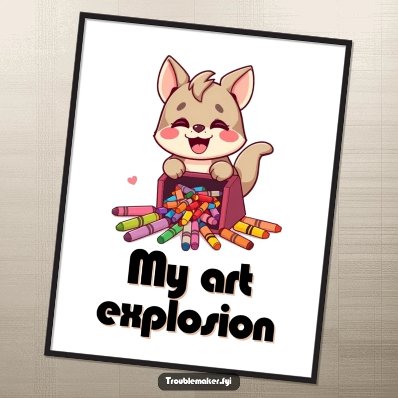 Funny poster illustrating a cute trouble maker animal character joyfully spilling a box of colorful crayons, bringing vibrant art and humor.