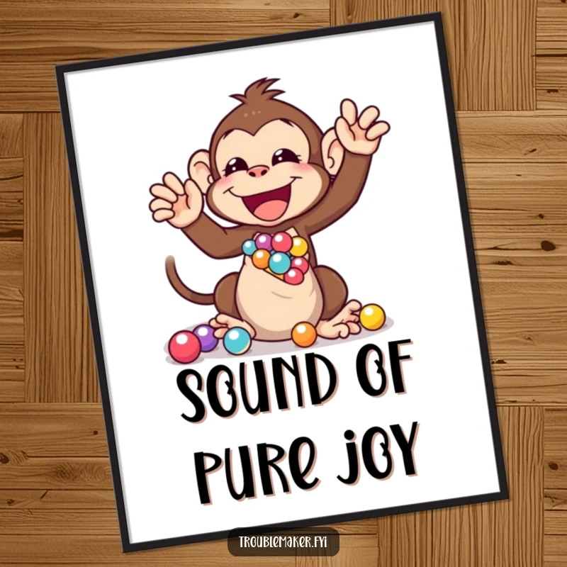 Funny poster artwork of a monkey gleefully shaking a bag of marbles, showcasing pure, unadulterated primate joy and playful mischief.