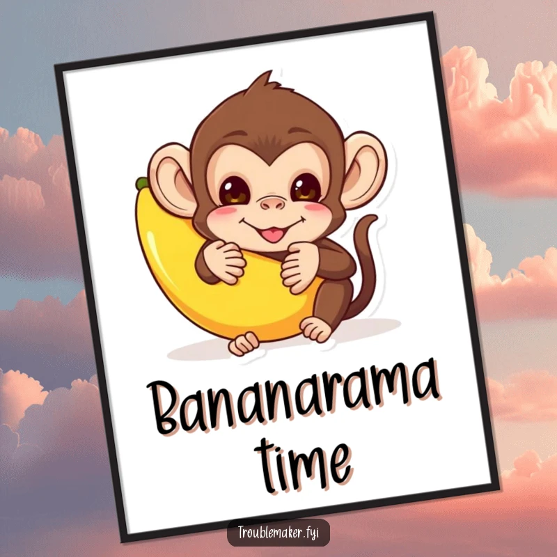 Funny poster art of a mischievous monkey peeking from behind a banana peel, embodying playful trickery and humor.