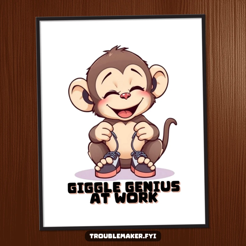 Funny poster depicting a giggling monkey tying tiny shoelaces together, perfect for adding humor to decor.