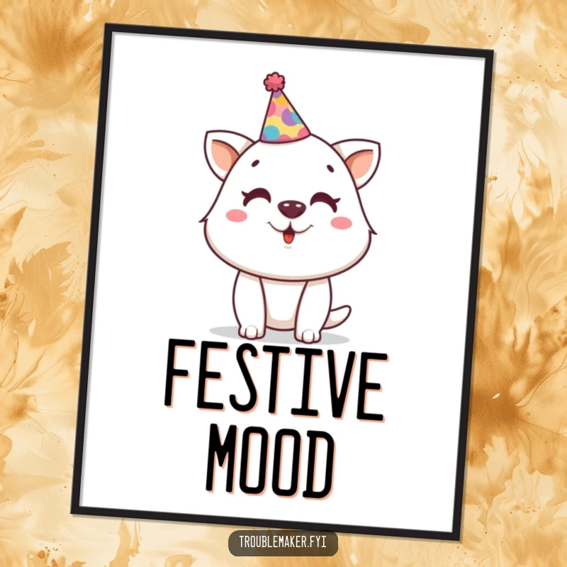 Funny poster of a mischievous animal character wearing a tiny, crooked party hat, embodying a fun, festive, and humorous party spirit.