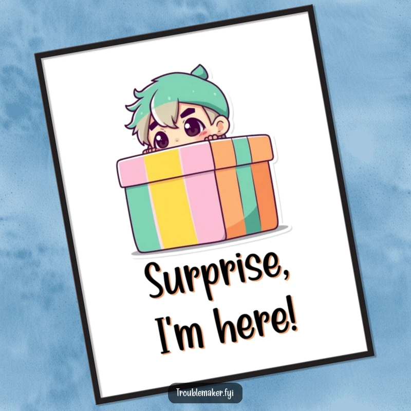 Funny Poster of a troublemaker character peeking from a gift box, creating a sense of playful anticipation and humor.