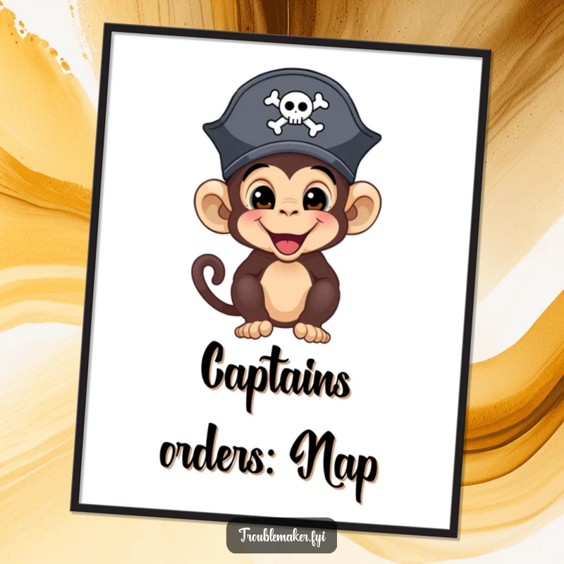Funny monkey pirate, wearing a small hat and looking adventurous, printed as a vibrant poster for wall decor.