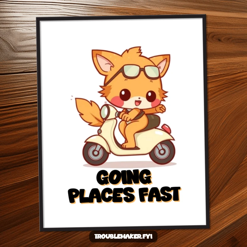 Funny Poster print of a playful animal character gleefully riding a tiny, runaway scooter downhill, depicting exhilarating freedom.