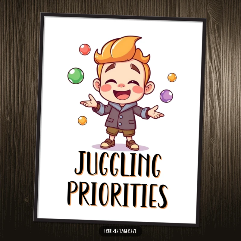 Funny troublemaker character joyfully juggling colorful marbles, presented as a poster for vibrant, playful wall decor and cheerful energy.