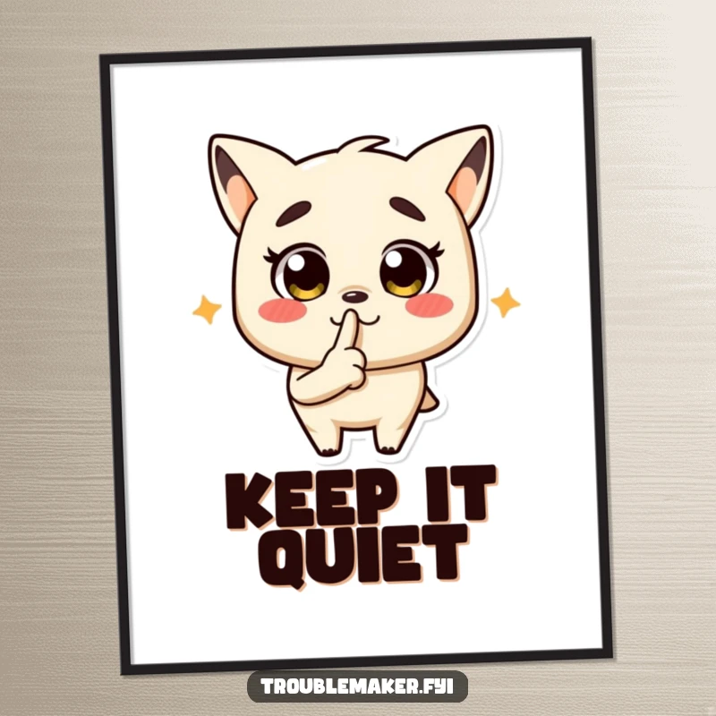 Funny poster depicting a troublemaker character with a finger to its lips, indicating a secret or silence.