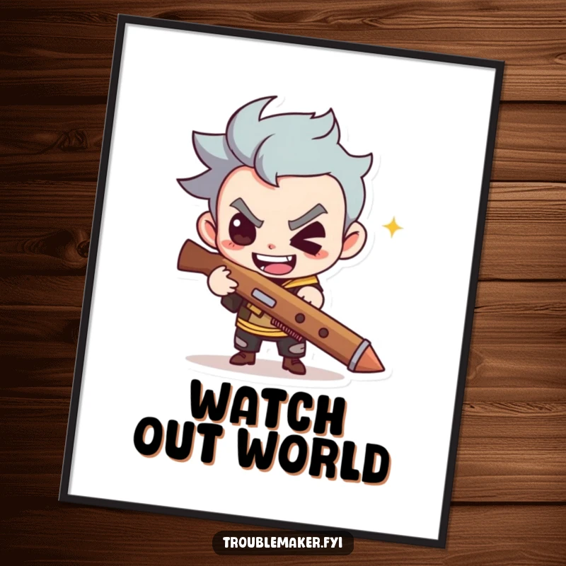 Funny poster depicts a cute troublemaker with a mischievous grin holding a slingshot, ideal for playful decor.