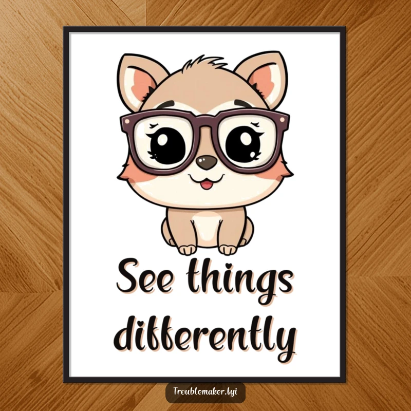 Funny playful animal character wearing oversized glasses and winking, presented as charming wall art.