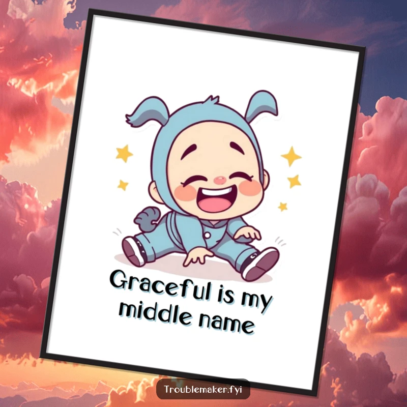 Funny troublemaker character tripping with a wide, silly grin, depicted as a poster, bringing slapstick humor and playful energy to any room.