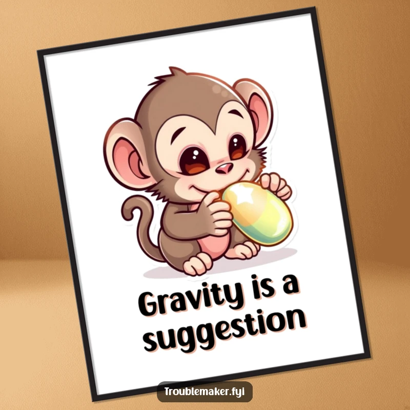Funny poster print of a mischievous monkey creature adorably stealing a shiny object, adding a humorous and delightful touch to any room.