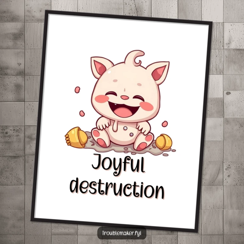 Funny poster art of a creature with a wide, innocent smile amidst a delightful mess, a humorous and heartwarming illustration of pure joy.