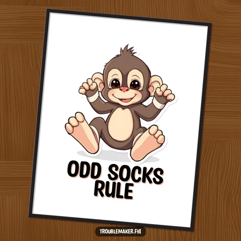 Funny poster artwork of a monkey confidently sporting ridiculously large and mismatched socks, representing playful fashion and unique style.