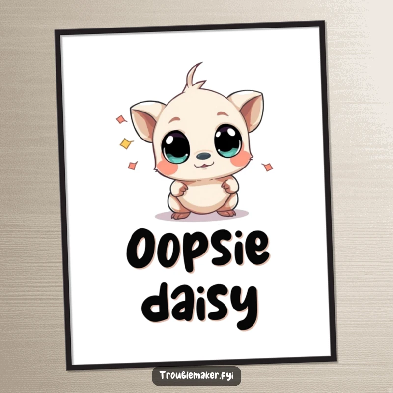 Funny poster featuring a small creature with wide, curious eyes causing mild chaos, adding a delightful and humorous focal point to any room.