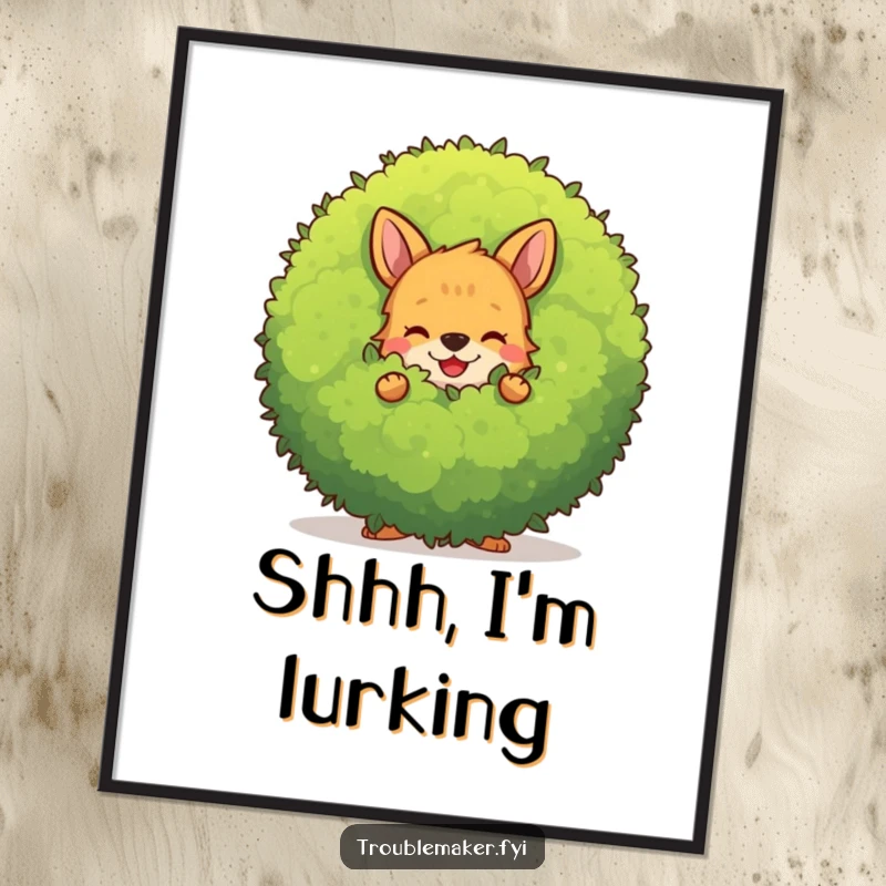 Funny mischievous animal character hiding behind a large, smiling bush, presented as charming wall art.