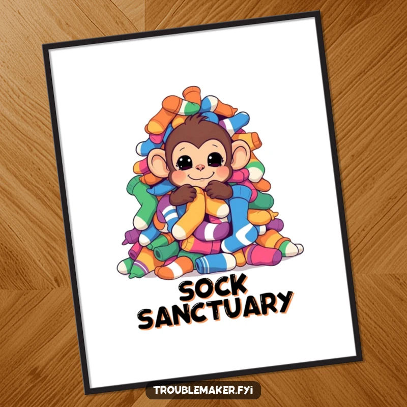 Funny monkey hiding behind a large pile of colorful socks, depicted as a funny poster print.