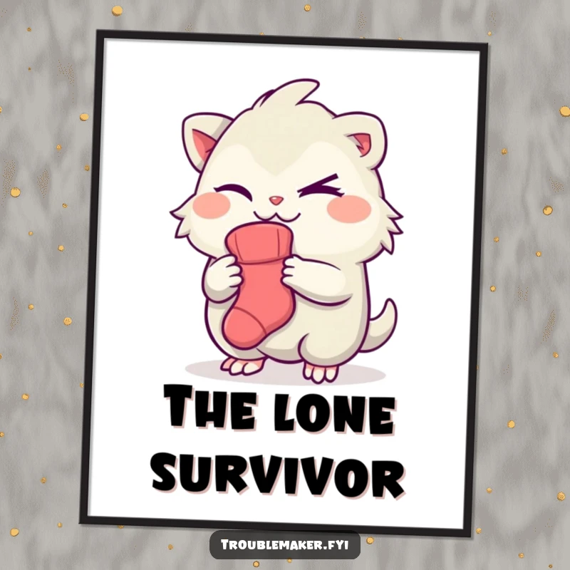 Funny poster showcasing a creature with a winking eye, proudly holding one sock, a humorous artwork about laundry mysteries.