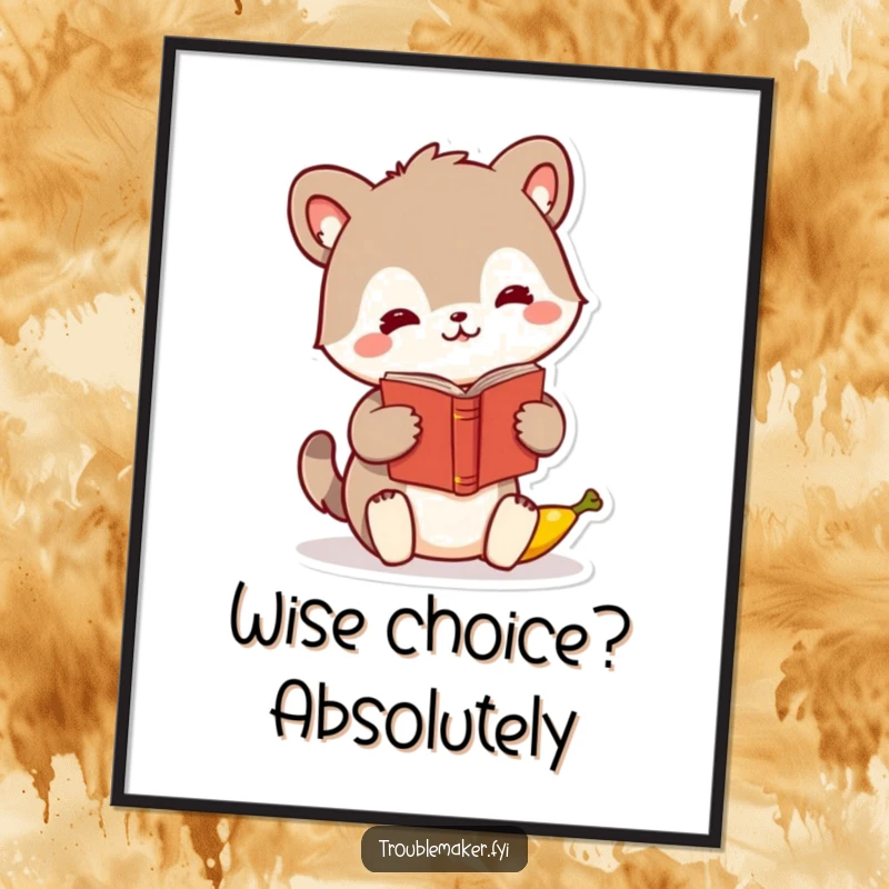 Funny animal character poster, humorously swapping a book for a banana, perfect for whimsical, amusing wall art.