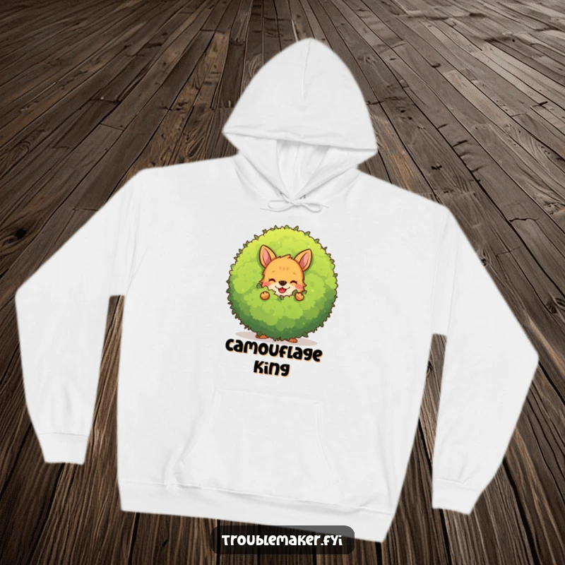Funny mischievous animal character hiding behind a large, smiling bush, featured on a cozy hoodie.
