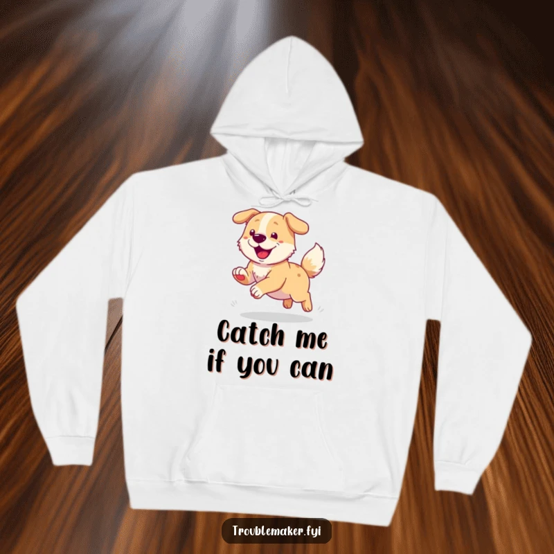 Funny hoodie featuring a dog in a delightful tail-chasing frenzy, perfect for cozy comfort and spreading playful humor.