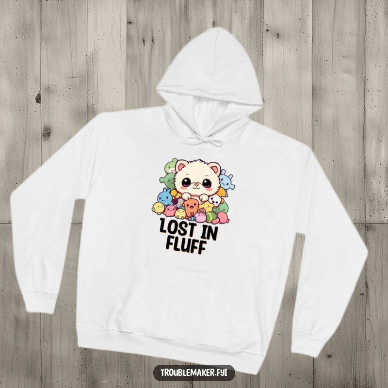 Funny hoodie featuring a fuzzy creature peeking from a pile of toys, offering warmth and a playful, hidden surprise for cozy days.