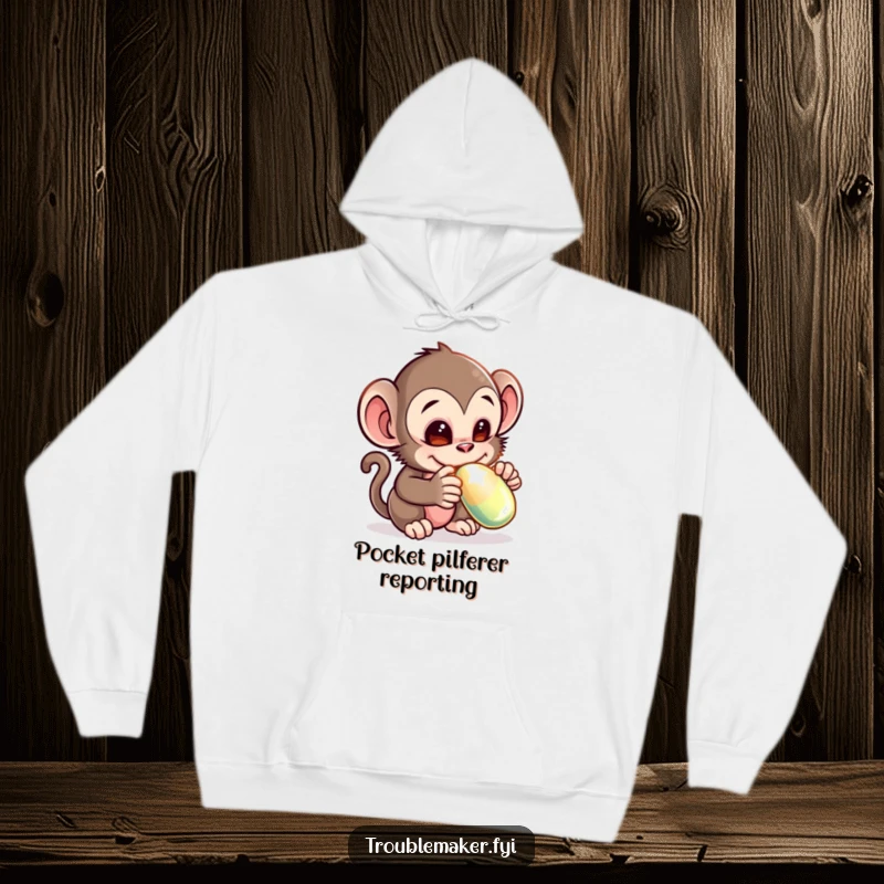 Funny hoodie with a mischievous monkey creature adorably stealing a shiny object, exuding playful charm and cozy vibes for any fan.