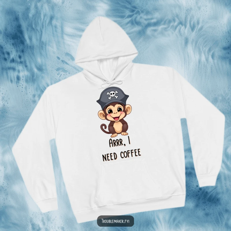 Funny monkey in a pirate hat, looking adventurous and sly, featured on a warm, comfortable hoodie.