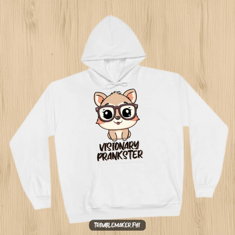 Funny playful animal character wearing oversized glasses and winking, featured on a cozy hoodie.