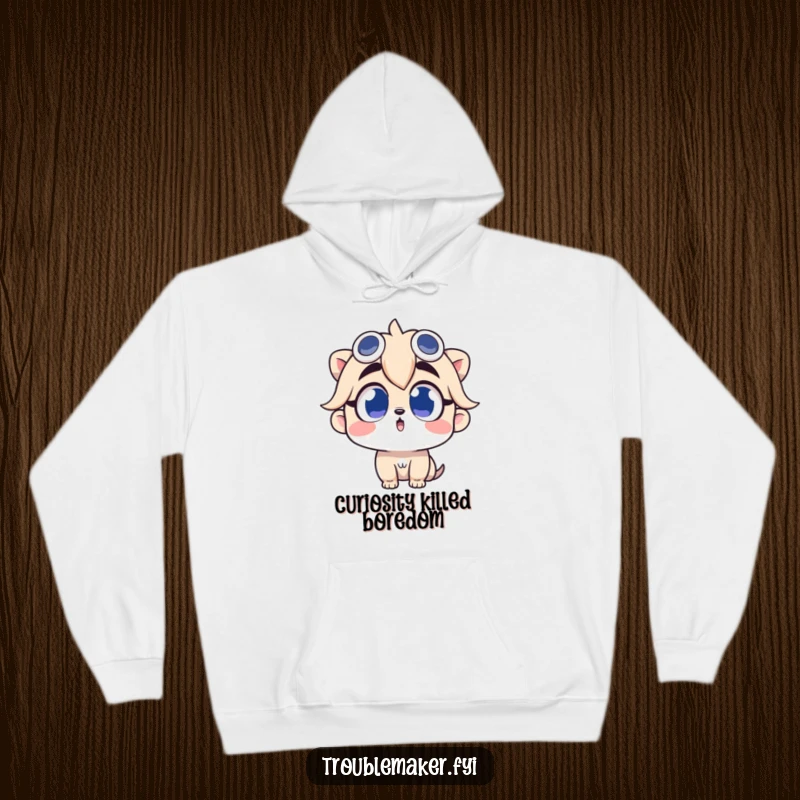 Funny hoodie with a troublemaker character looking up with wide, curious eyes, perfect for embracing curiosity.