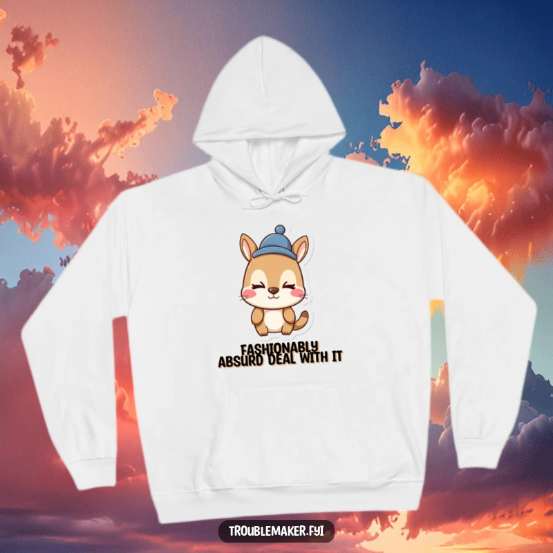 Funny animal character hoodie, pulling a silly face, wearing a quirky funny hat, perfect for staying warm and amused.