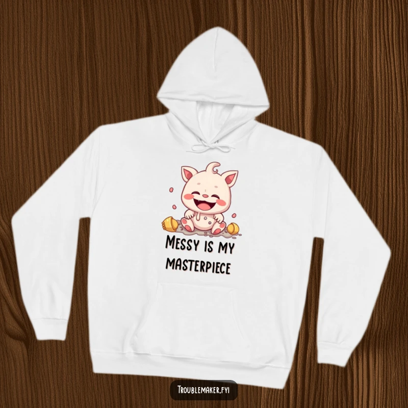 Funny hoodie design of a creature with a wide, innocent smile, creating a delightful mess, a humorous representation of happy accidents.