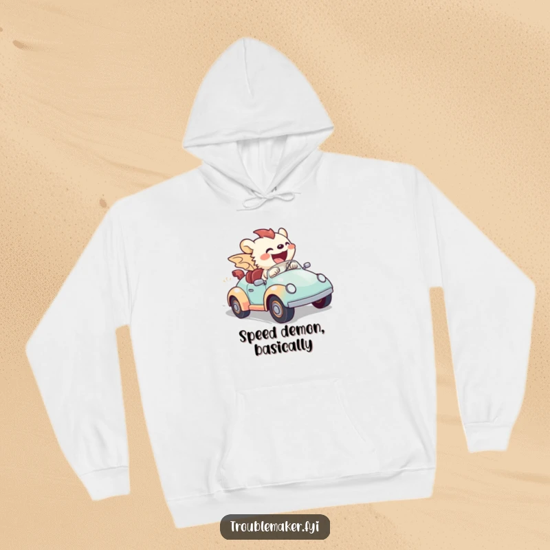 Funny hoodie illustration of a creature speeding on a toy car, capturing a moment of hilarious, unrestrained, and joyful motion.