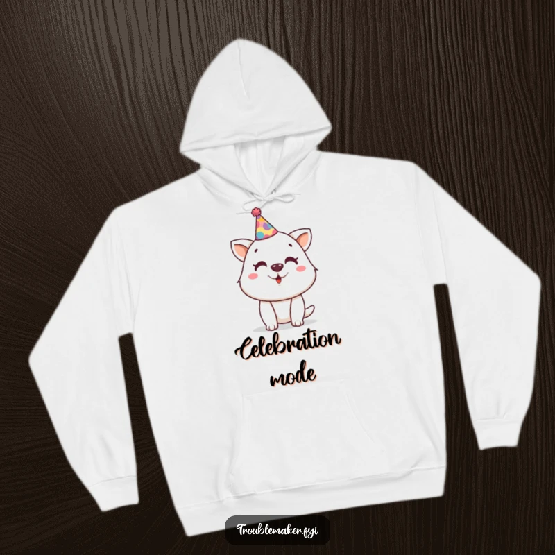 Funny hoodie with a mischievous animal character wearing a tiny, crooked party hat, radiating festive and funny party vibes.