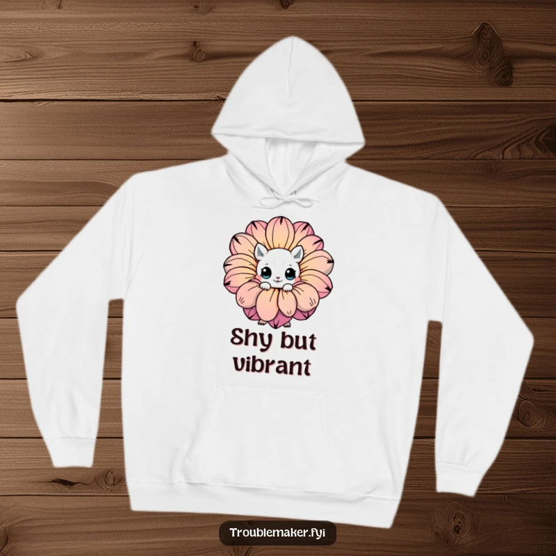 Funny hoodie depicting a creature with large, expressive eyes hiding behind a beautifully colorful, oversized flower.