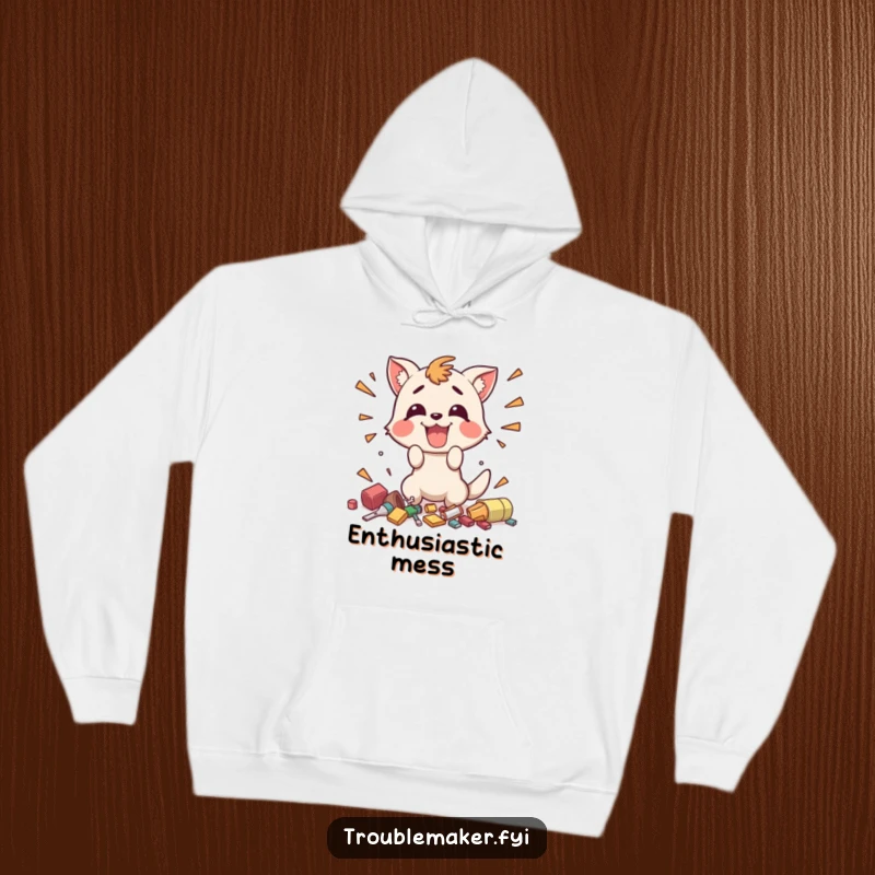 Funny hoodie with a happy animal character enthusiastically making small, chaotic messes, exuding playful and funny vibes.
