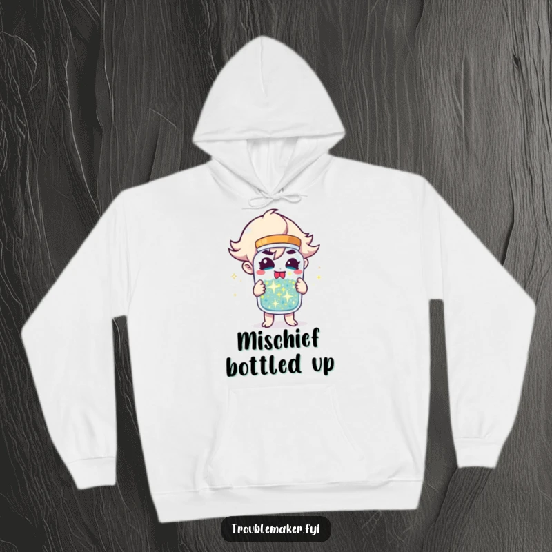 Funny Hoodie featuring a charming troublemaker character holding a jar of sparkling mischief, offering warmth and a touch of glittery fun.