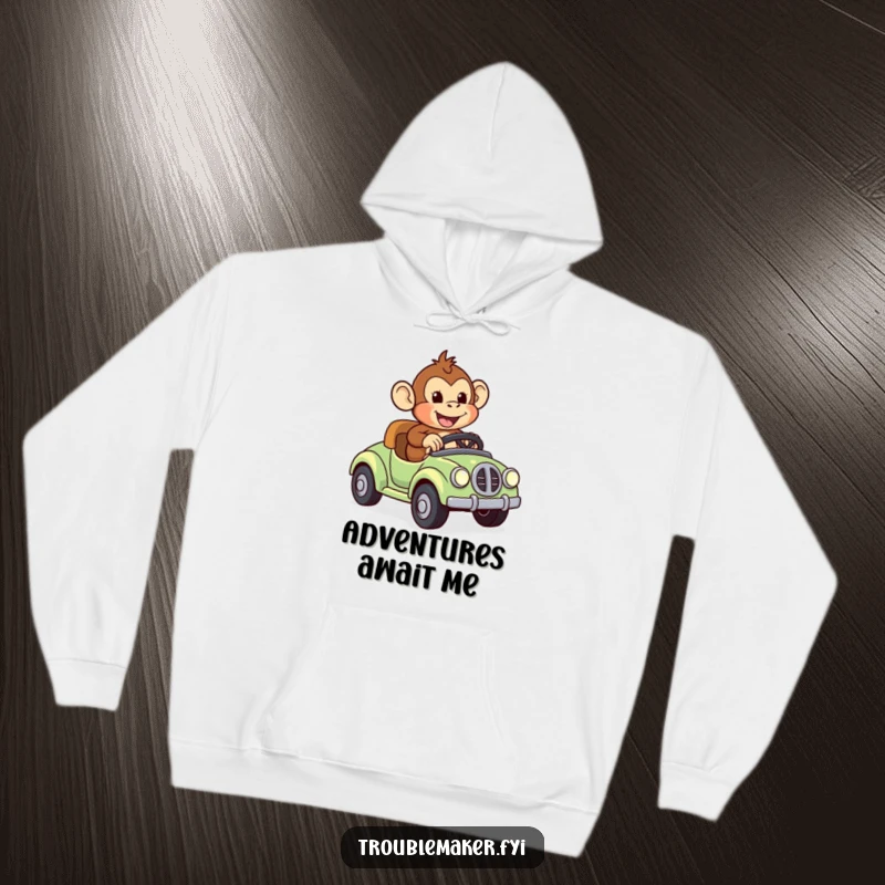 Funny hoodie depicting a monkey joyfully riding a runaway toy car, offering cozy comfort and a sense of exhilarating adventure.