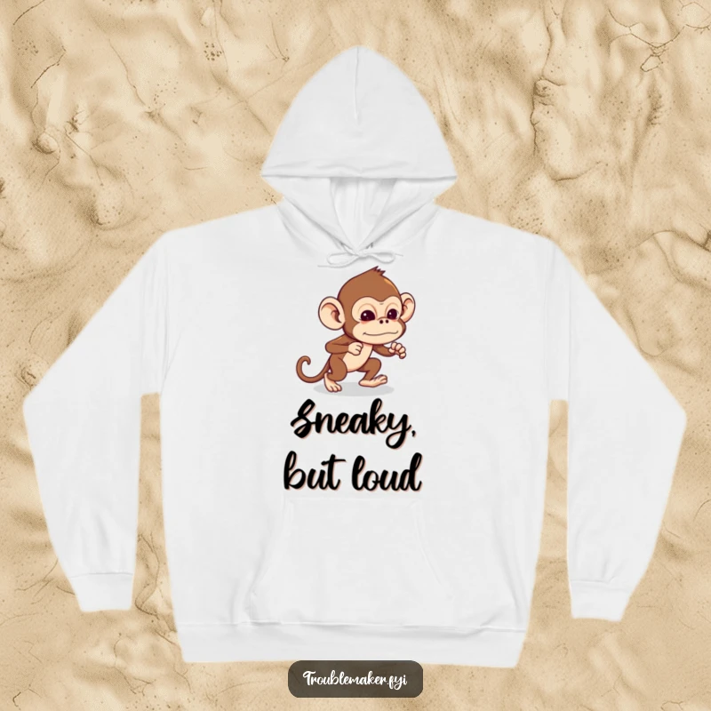 Funny Troublemaker Monkey Hoodie of a monkey tiptoeing with exaggerated stealth, plotting a fun surprise, awesome funny gift.